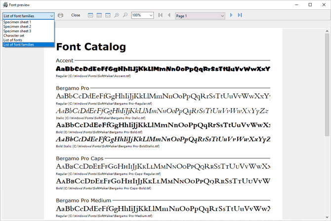 Print a font catalog